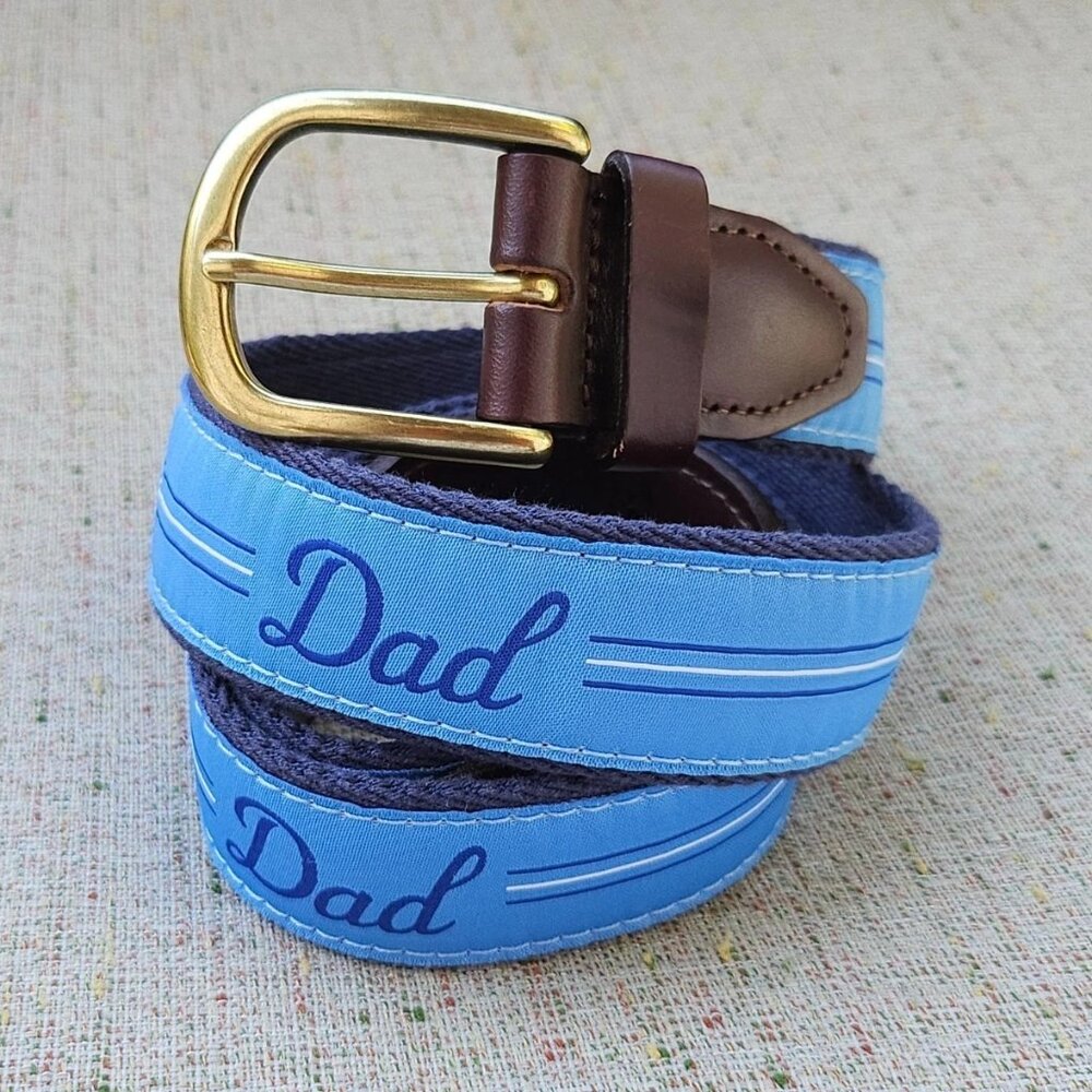 YRI Men Belt DAD Blue Canvas Brown Leather Waistband Brass Buckle Made in USA 38